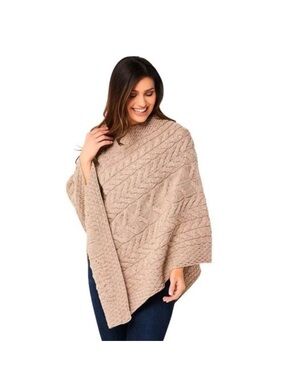 Cable-Knit Poncho Sweater in Taupe